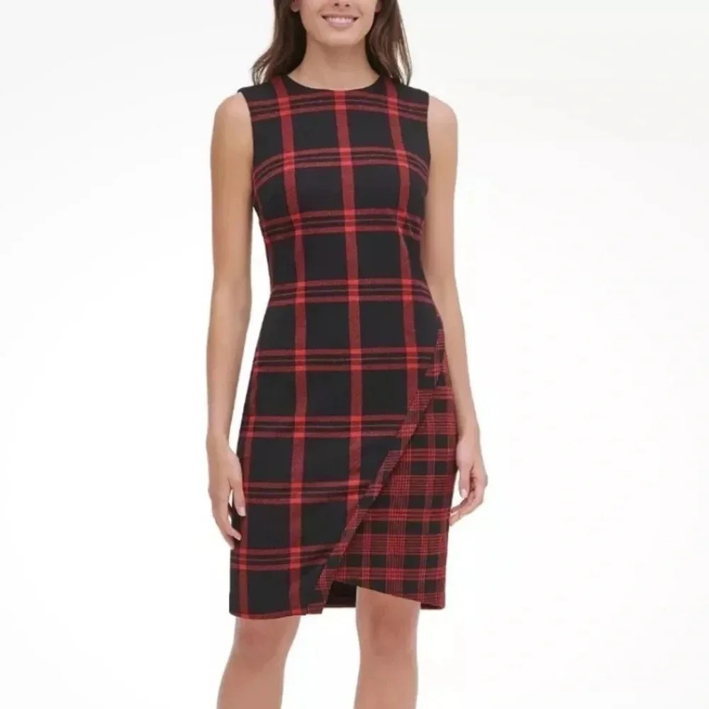 Tommy Hilfiger Red Black Plaid Asymmetrical Sheath Dress Size 16 - Picture 13 of 13